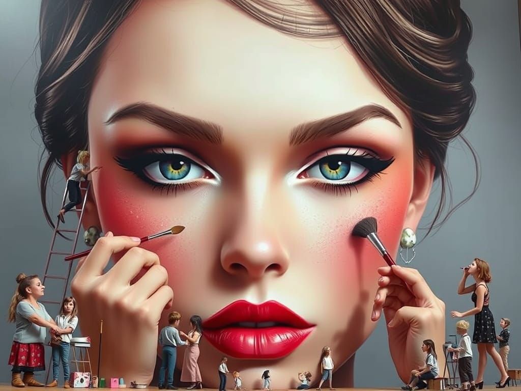 Miniature Makeup Artists at Work on a Colossal Portrait