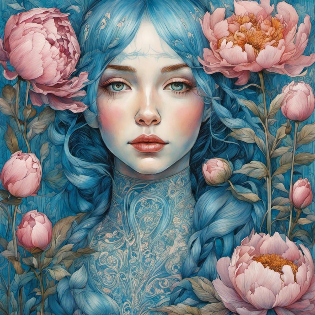 Blue Girl with Peonies in Art Brut Style