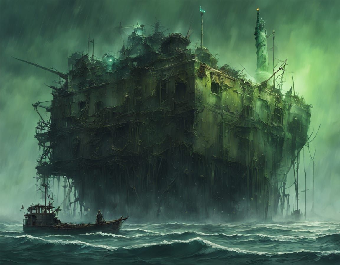 Post-Apocalyptic Statue of Liberty Soaked in Desolate, Dark....