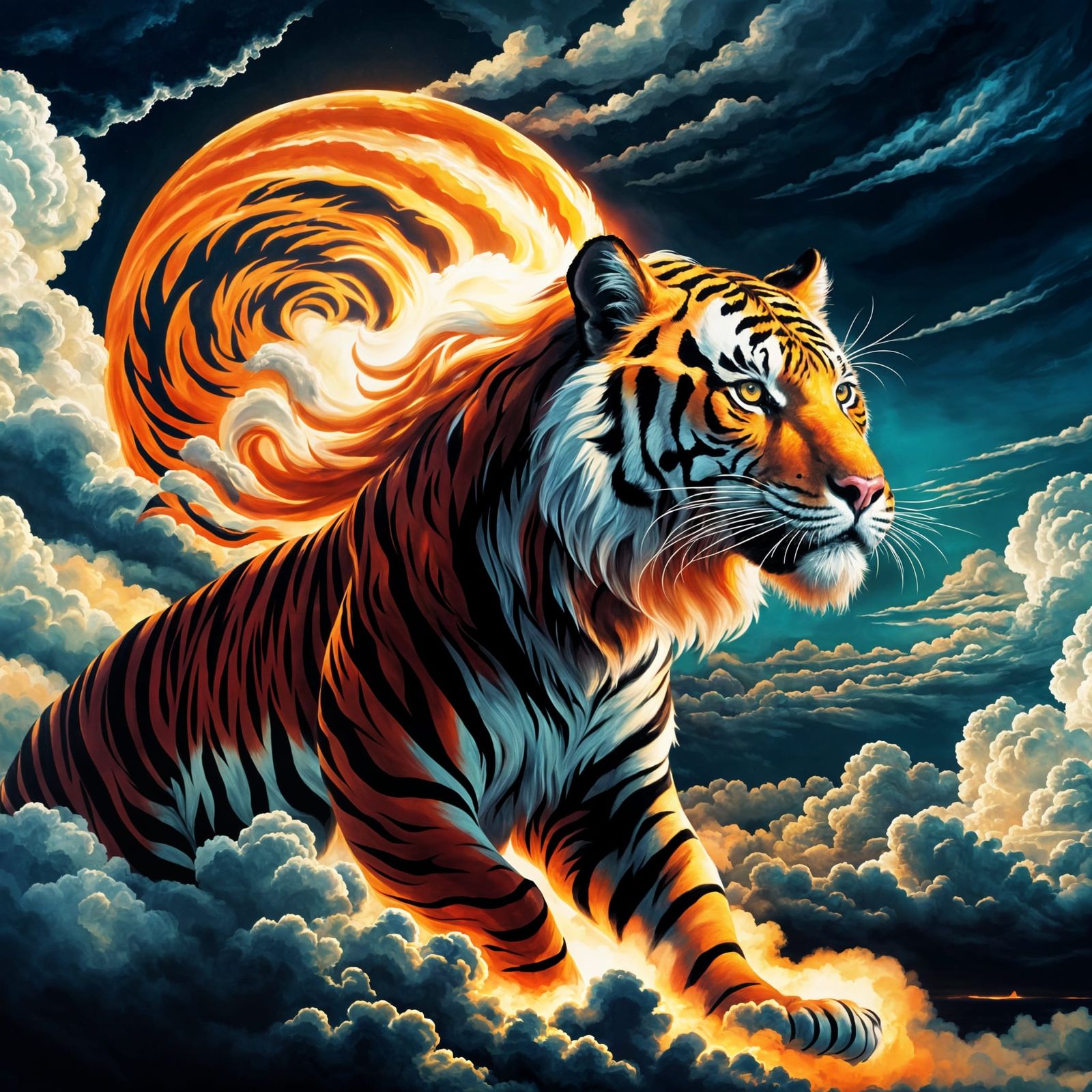 Fiery Tiger Made of Clouds and Flames