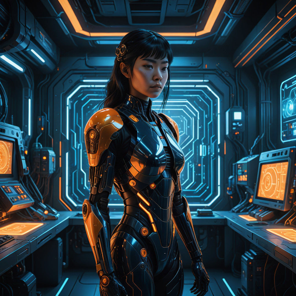 Cyborg Woman in Futuristic Lab Setting, in Syd Mead and H.R....