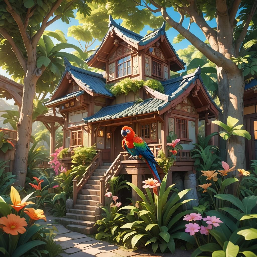 Lush Parrot Garden in Vibrant Anime Style