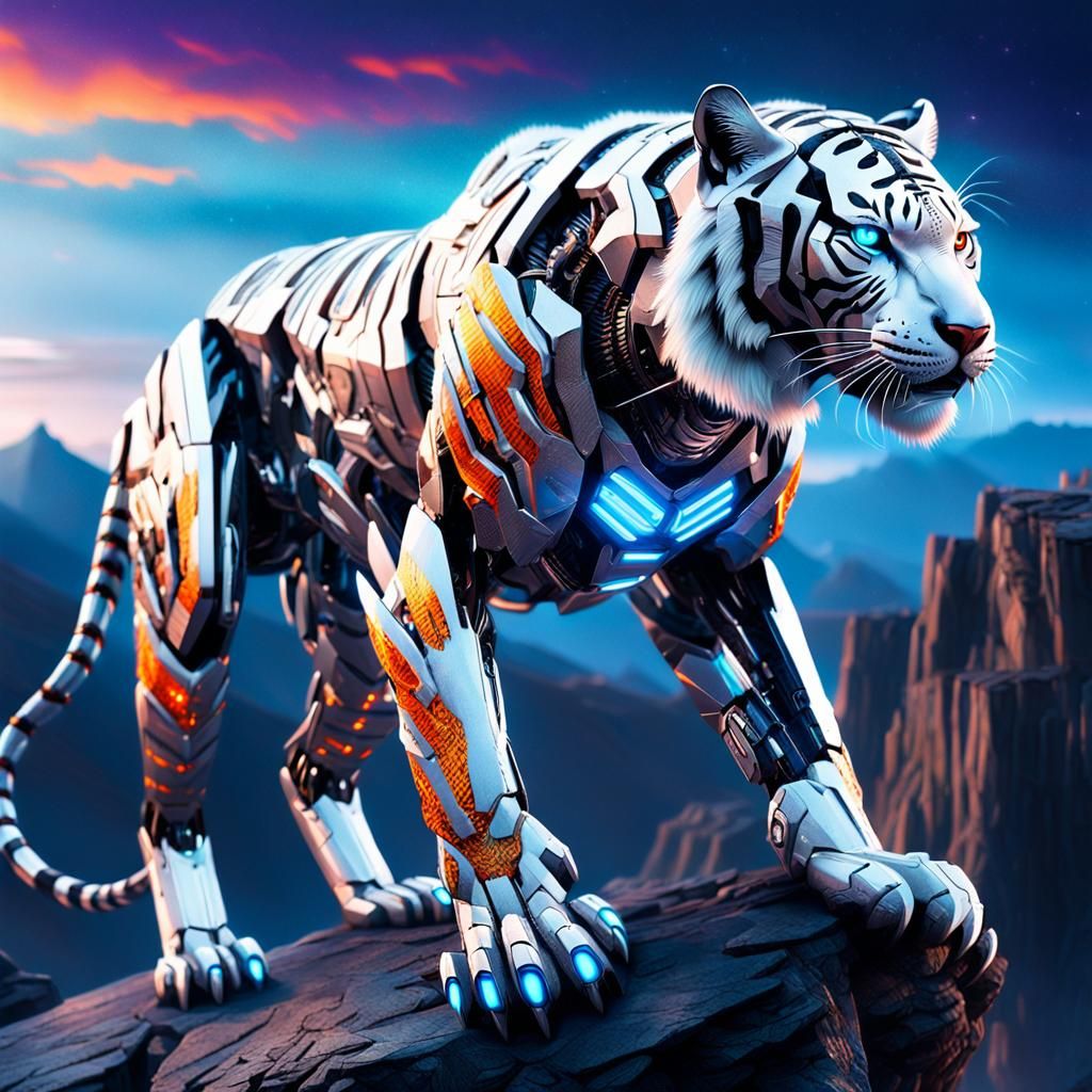 Cyborg Tiger with Jet Wings in Futuristic Landscape