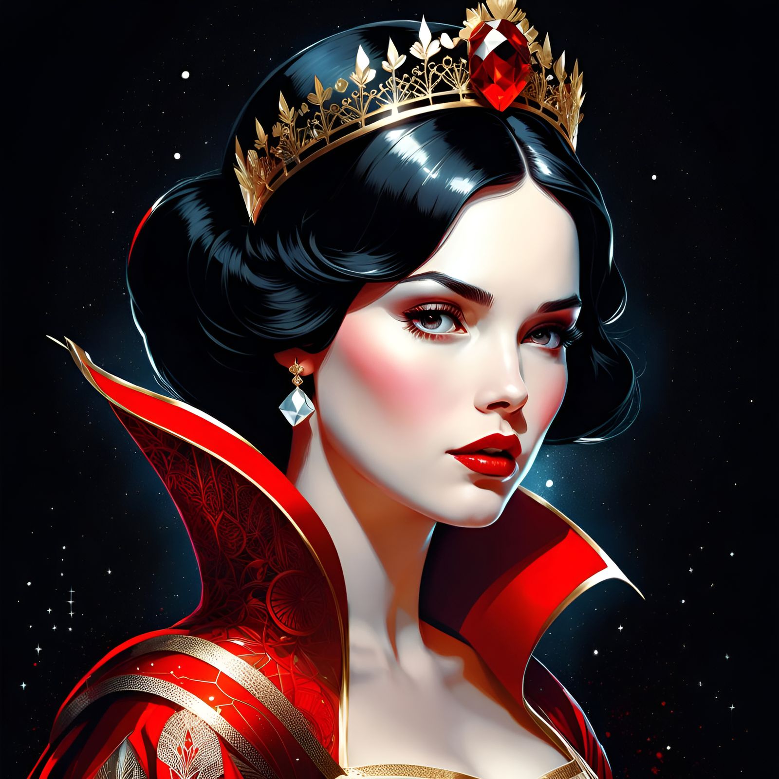 Princess Snow White Portrait with Red Filigree