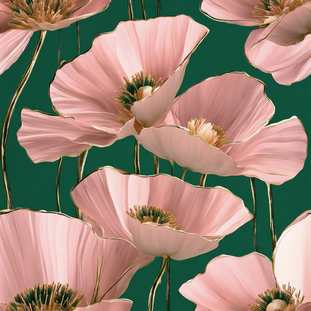 Abstract Pale Pink Poppies with Gold Edges
