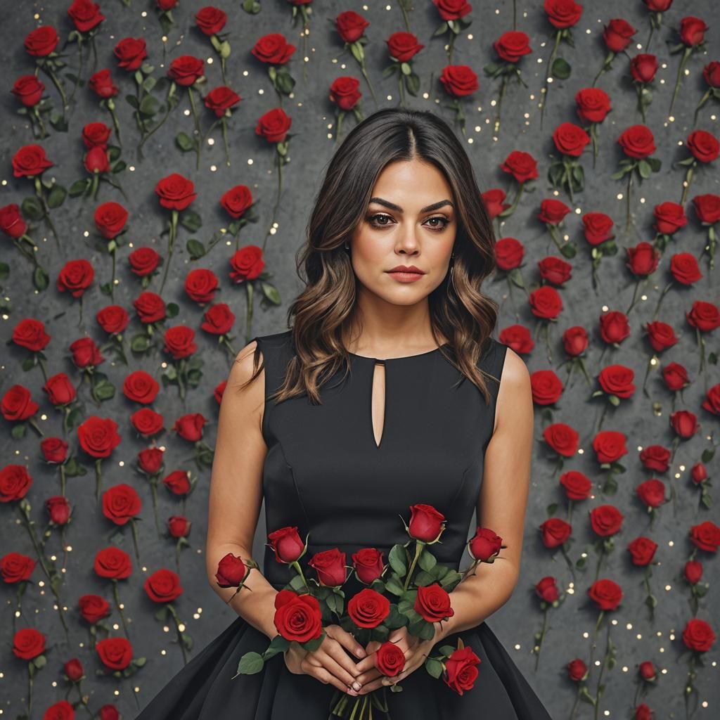 Mila Kunis in Black Dress with Red Roses