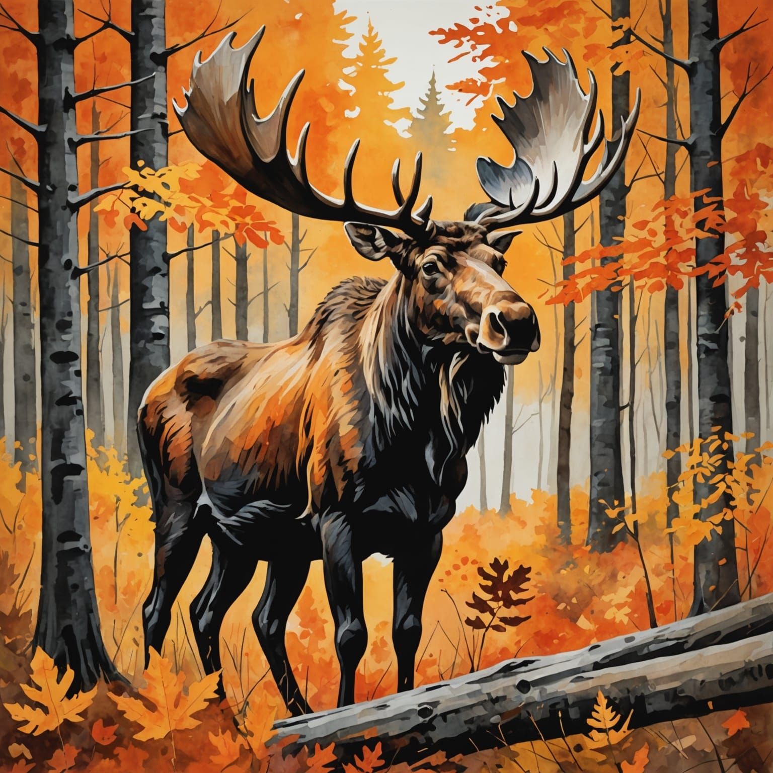 Moose in Autumn Forest: Gouache Impressionist Masterpiece