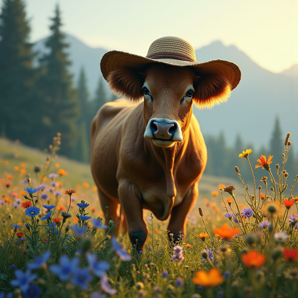 Cow Adorned with Hat in Lush Meadow