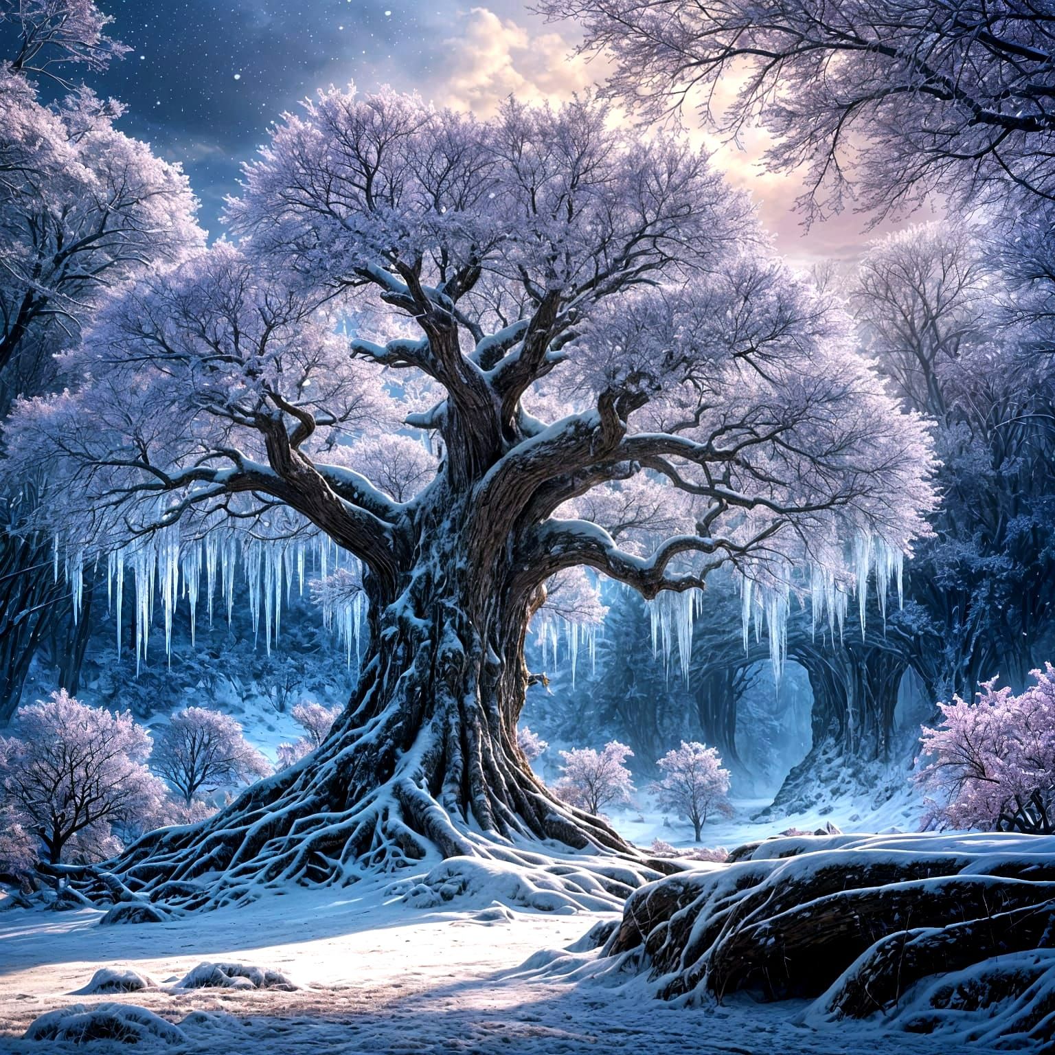 Enchanted Frozen Tree Fantasy Digital Artwork