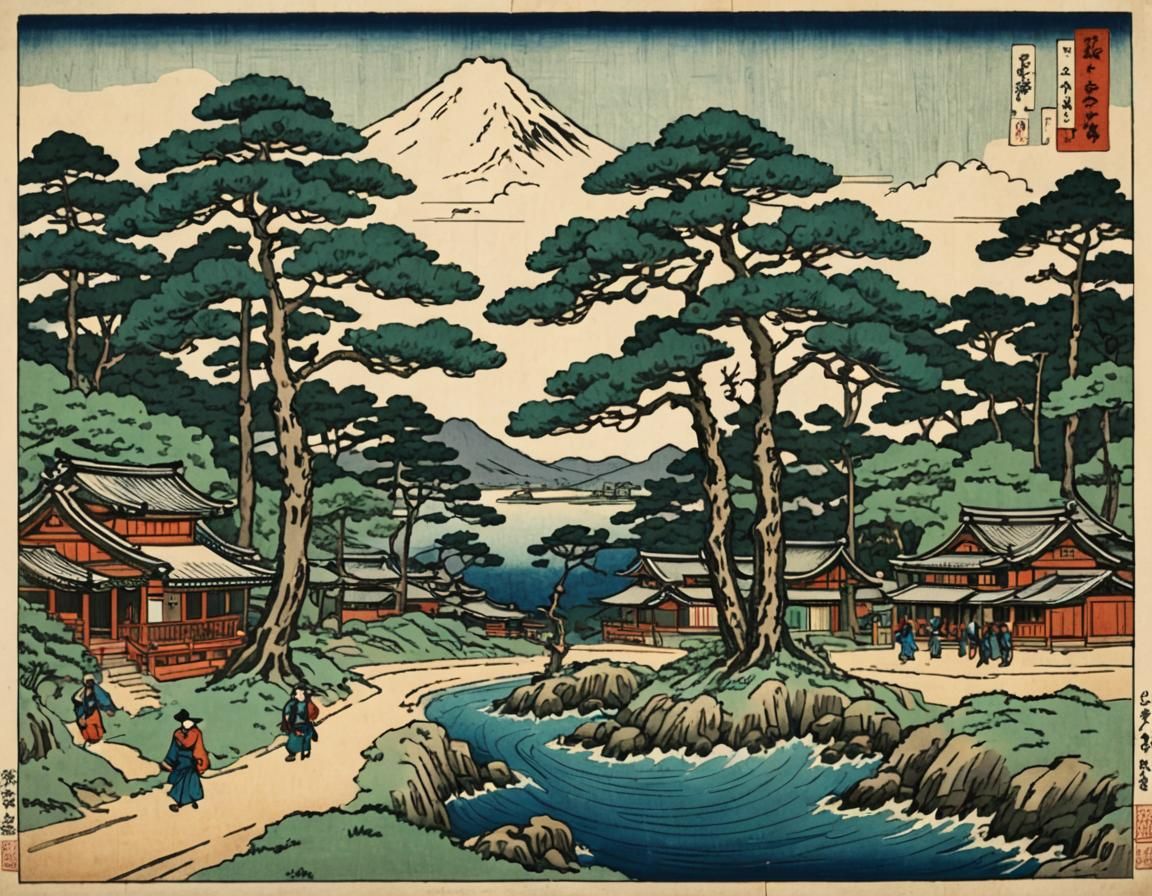 Japanese Village by the Sea in Woodcut Style