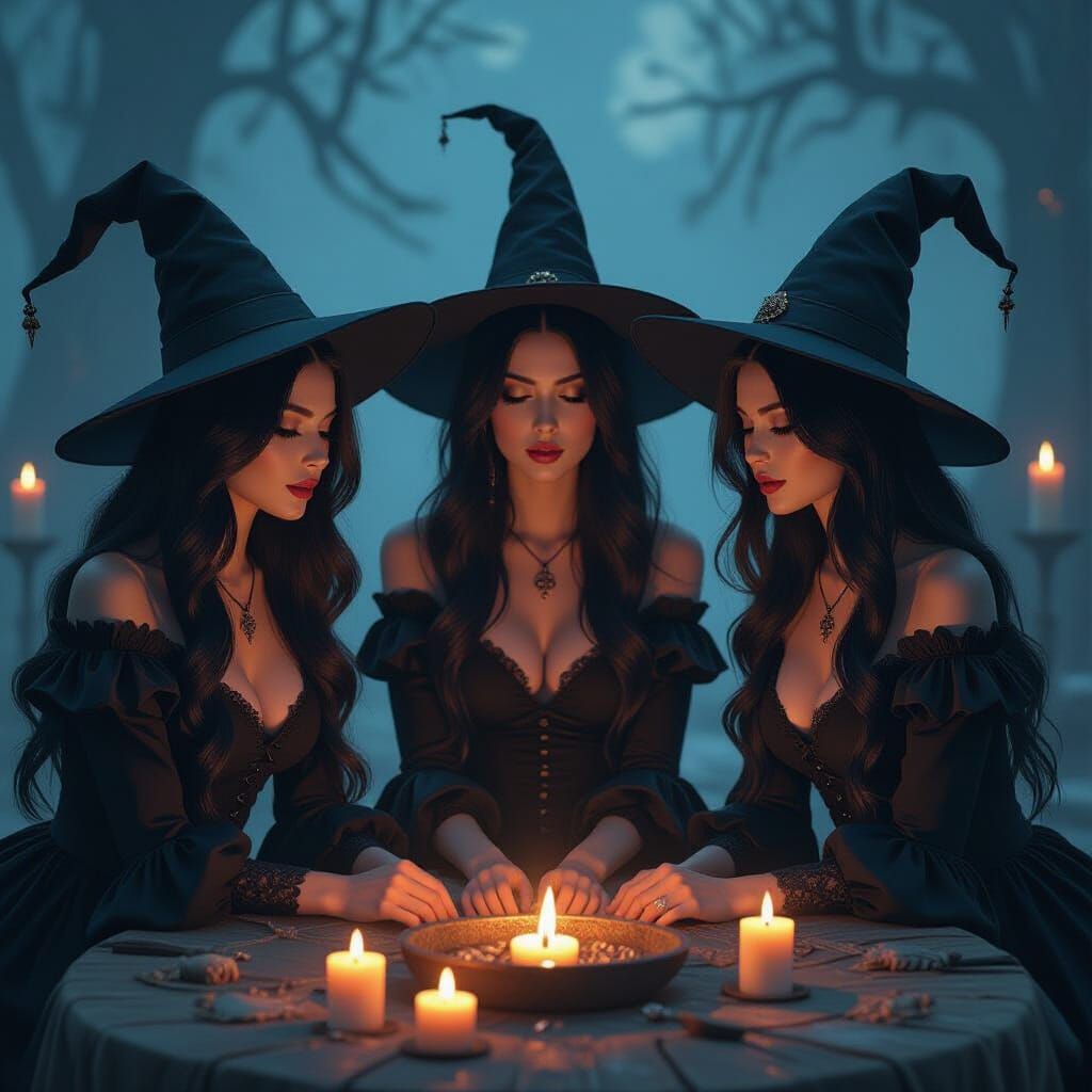 Mystical Circle: Witches Chanting in Gothic Elegance