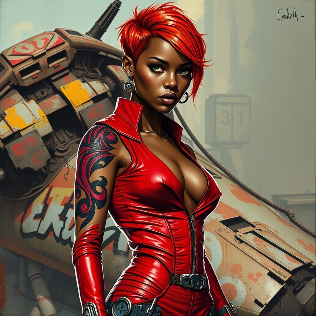 Futuristic Woman with Red Hair and Spaceship