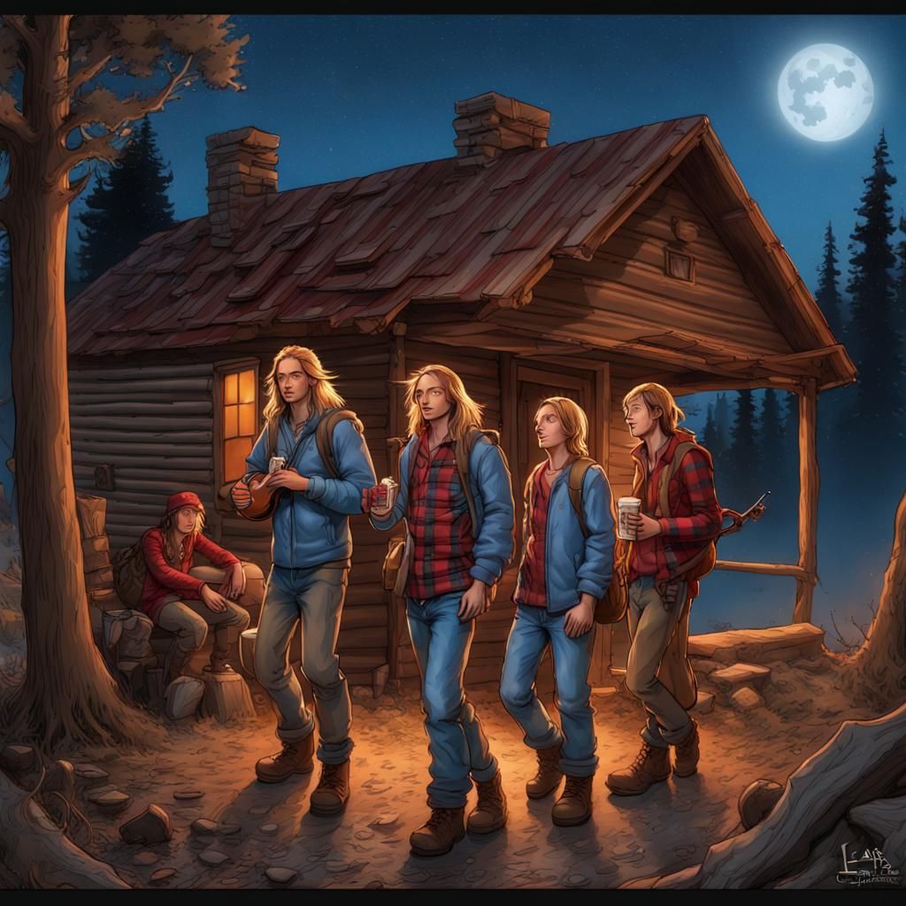 Hunter's Cabin at Night: Fantasy Oil Comic