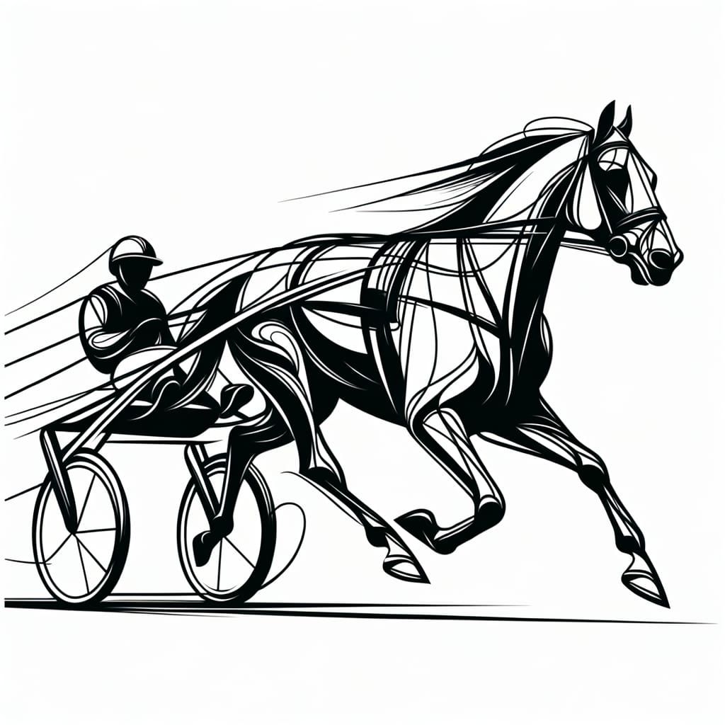 Sweeping Line Art Harness Horse Racing Logo in Black and Whi...