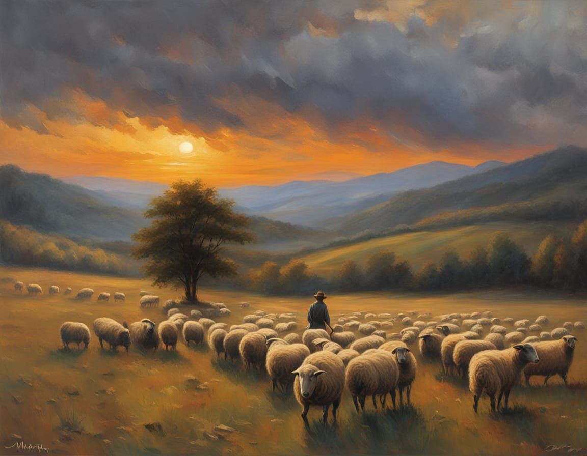 Shepherd Silhouette at Sunset: A Romantic Landscape