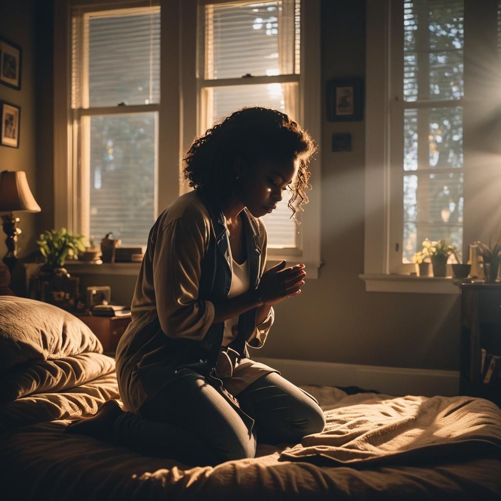 Woman Praying at Bedside in Cinematic Lighting