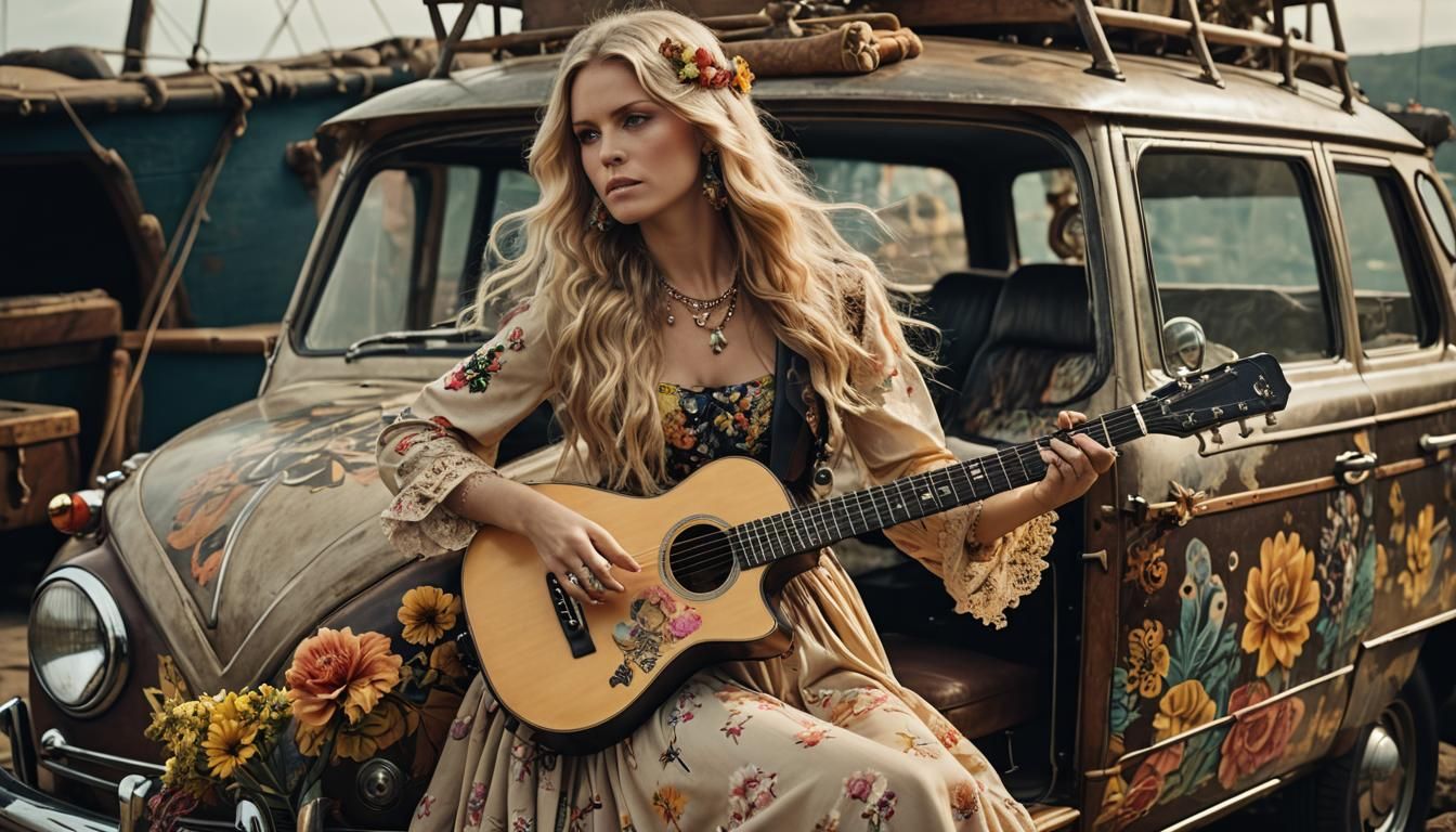 Woman on Flower Power VW Ship: Hyperrealistic Photo