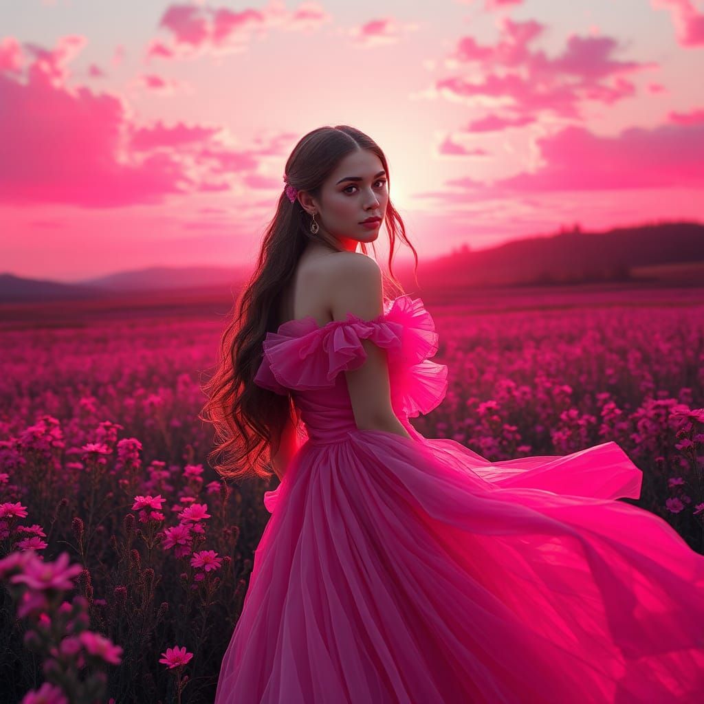 Pink Sunset Portrait with Wildflowers, Hyperdetailed Art