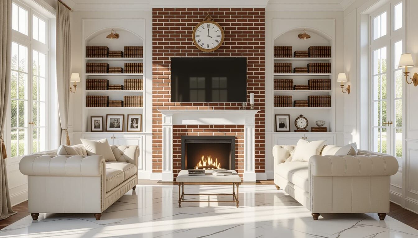 Vibrant Victorian Living Room with Ivory and Brick Accents