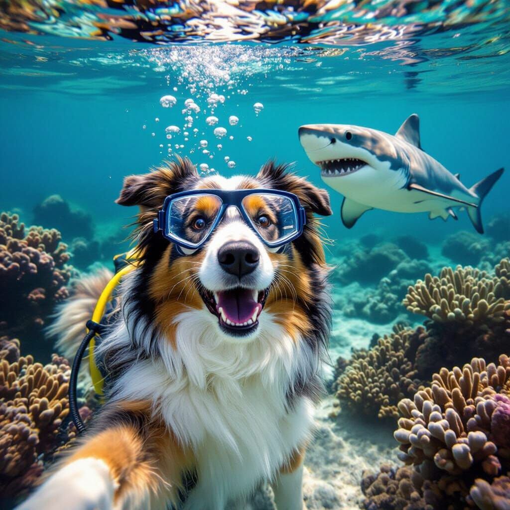 Adorable Rough Collie Underwater Selfie With Shark Approachi...