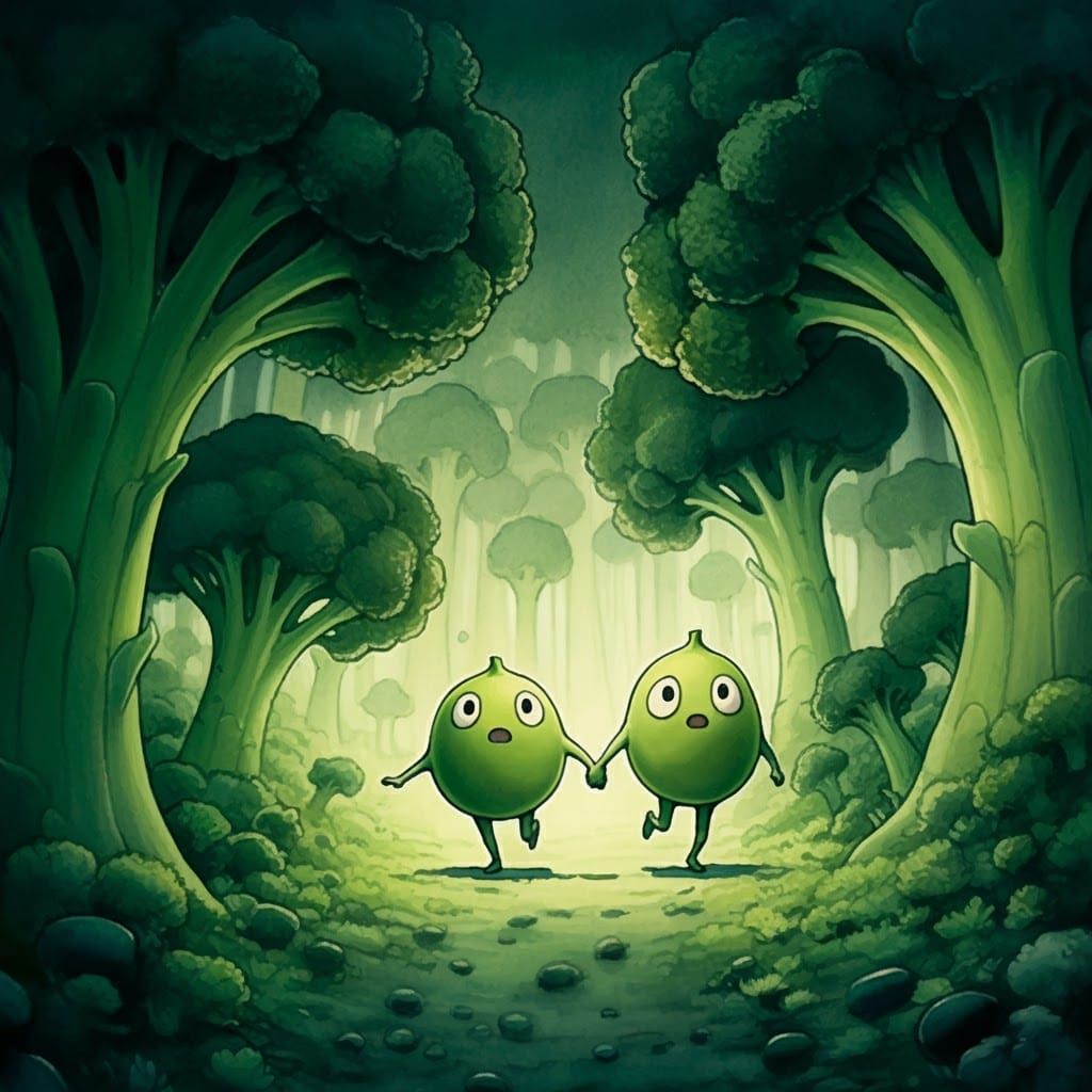 Ghibli-Style Peas Running Through Broccoli Forest