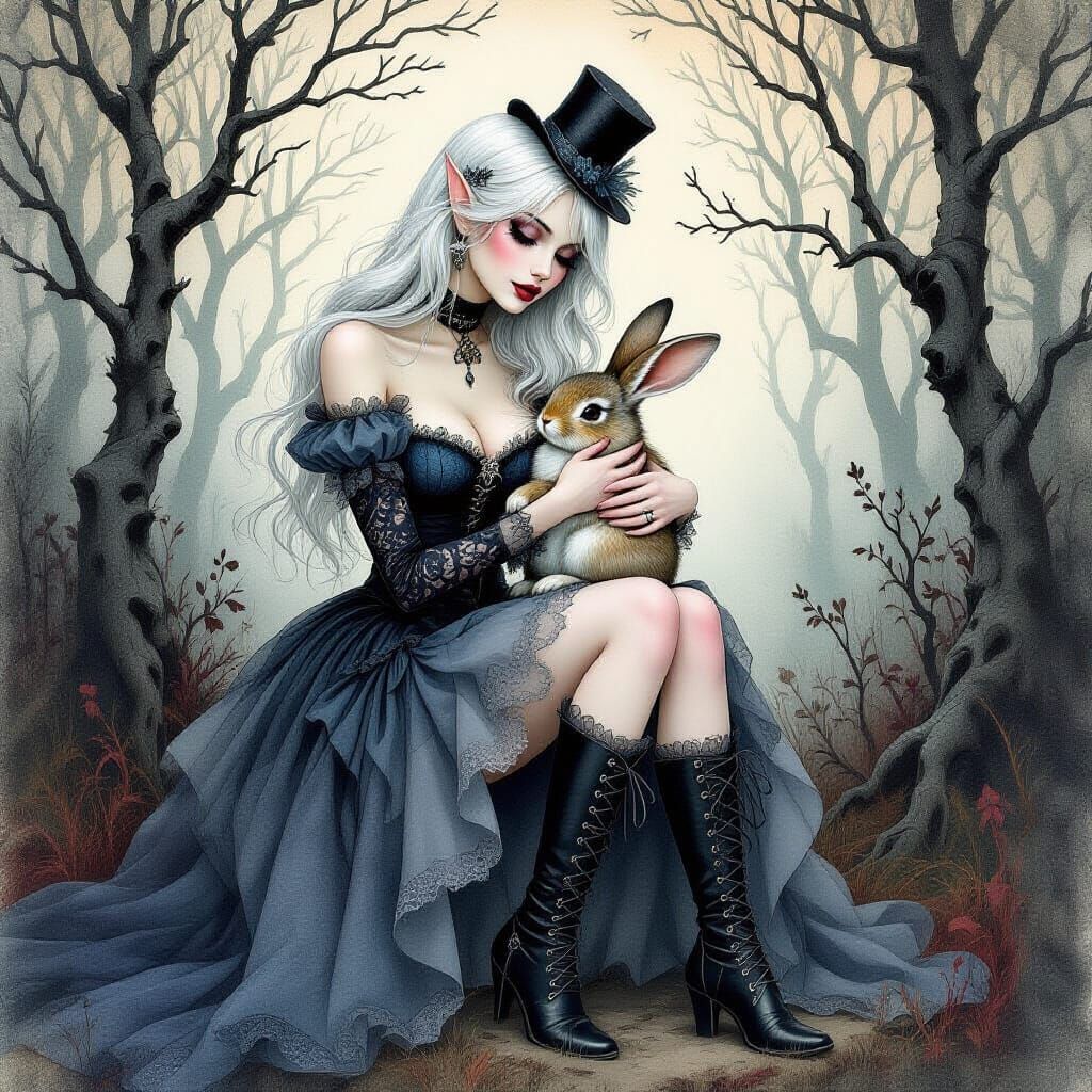 Gothic Fairy Cradles Bunny in Stark Forest, Vintage Comic St...