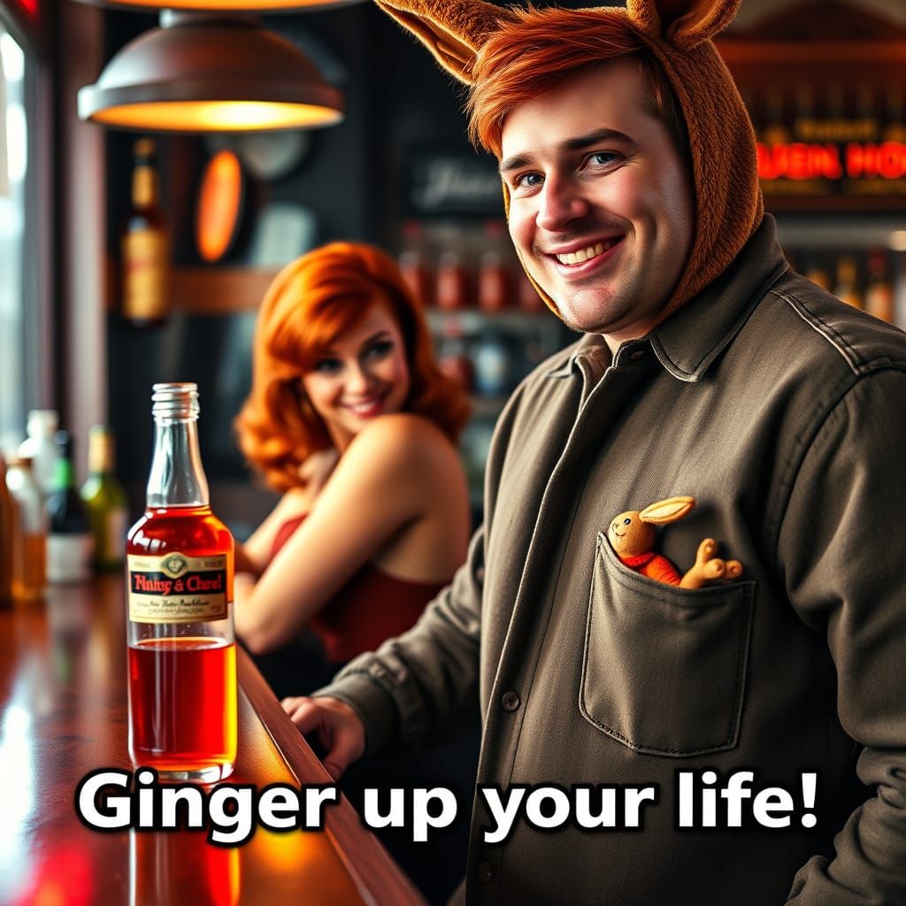 Ginger Pin-Up Girl in a Kangaroo's Pocket, Surrounded by a V...