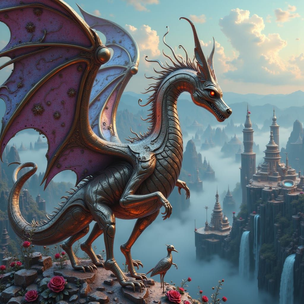 Steampunk Clockwork Dragon Soaring Through Island Sky