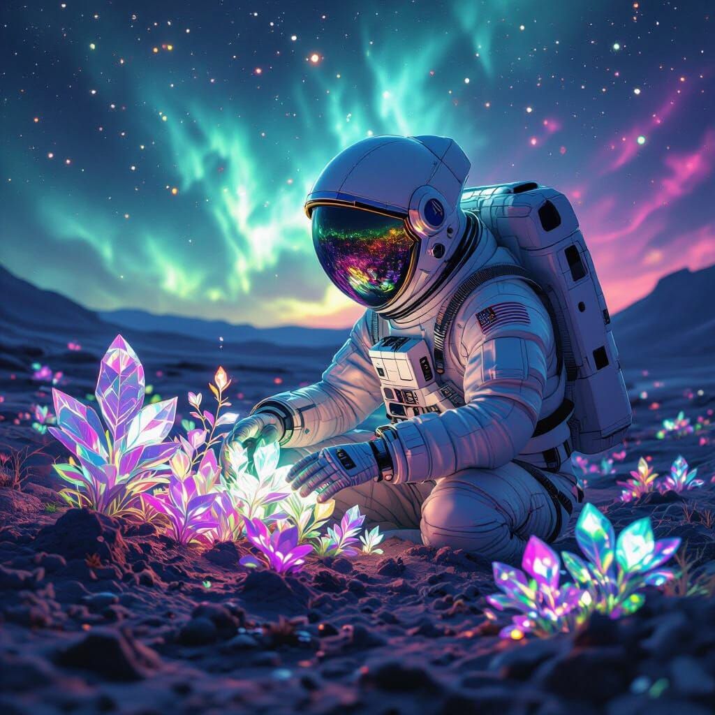 Astronaut and Bioluminescent Garden on Alien Planet