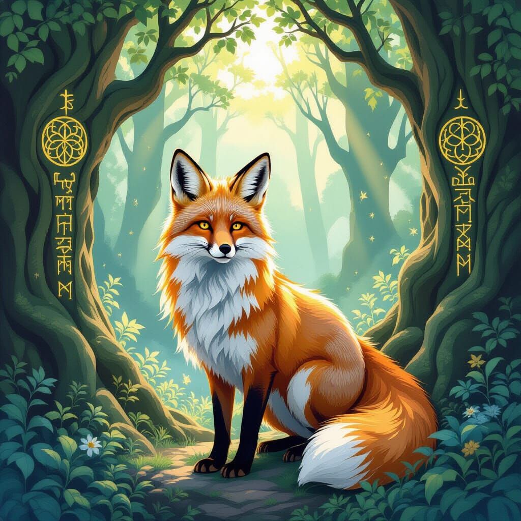 Art Nouveau Fox in Enchanted Forest