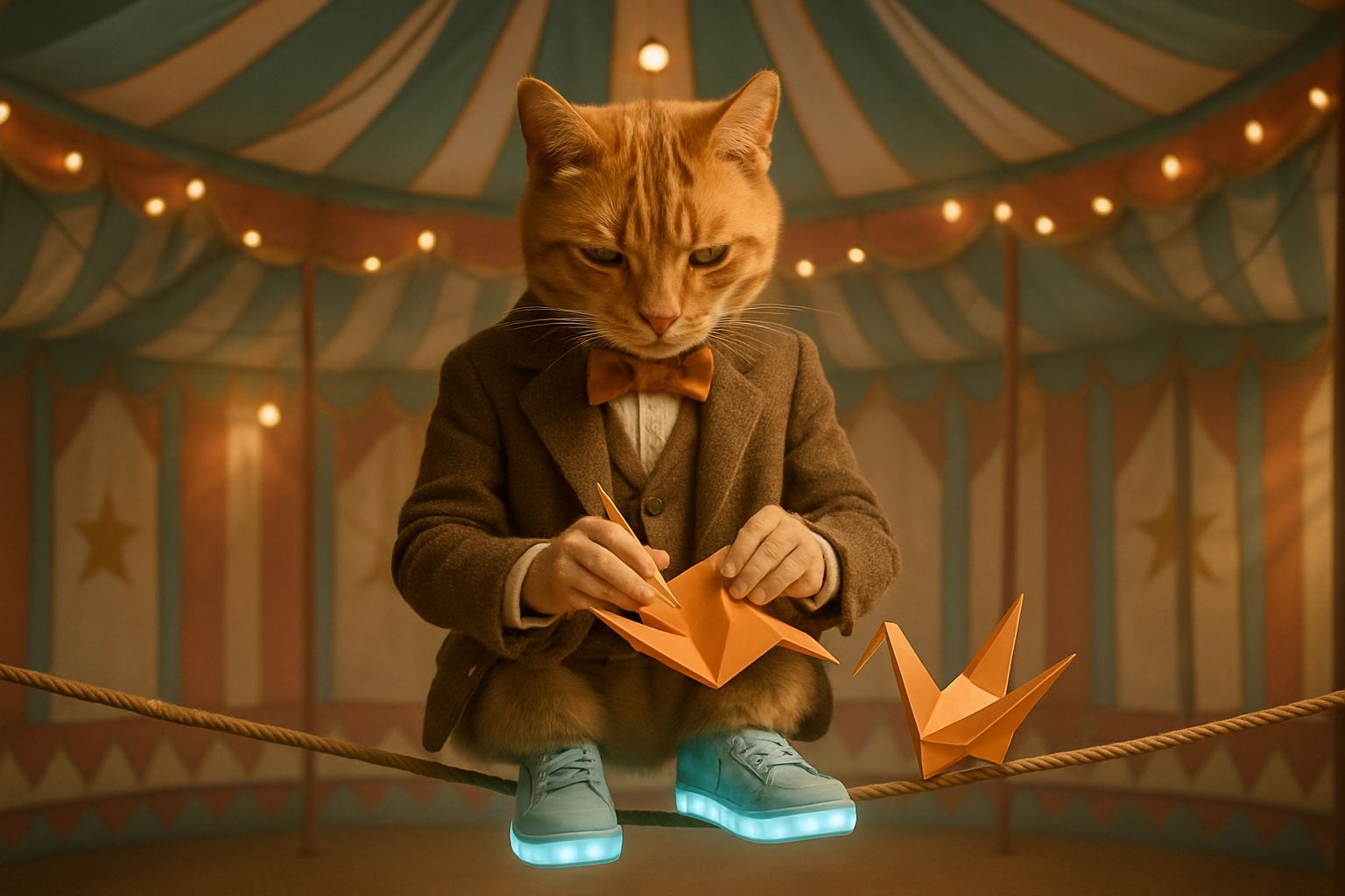 Dapper Cat Balances Origami in Circus Tent