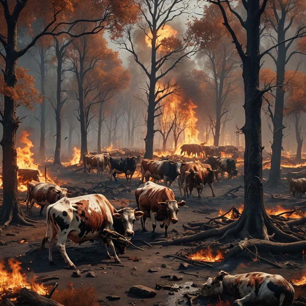 Zombie Cows in Burning Field: Fantasy Concept Art
