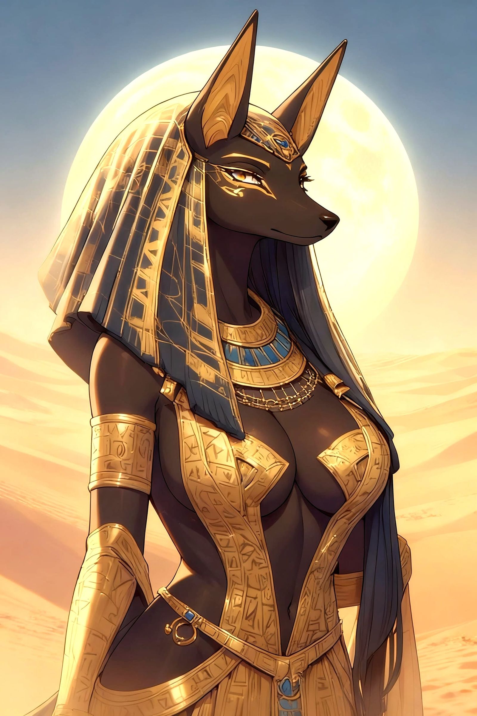 Anubis Woman in Egyptian Desert Under Full Moon