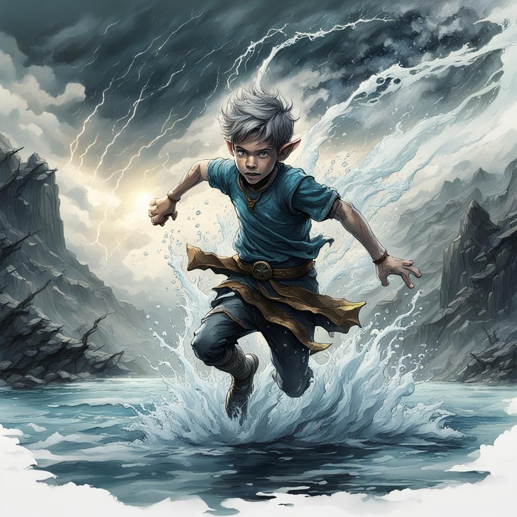 Fairy Elf Boy in Stormy Waters: Ink Sketch