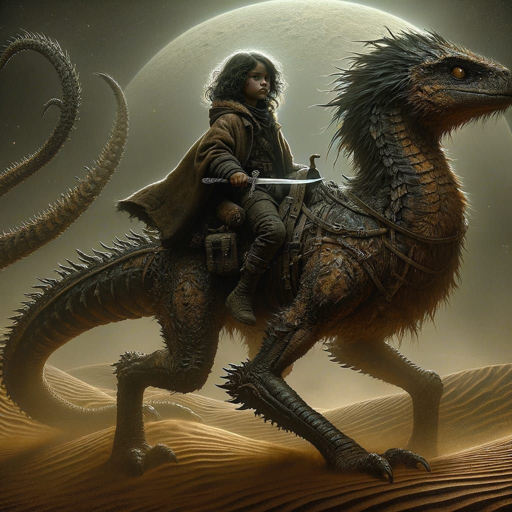 Alien Girl on Reptilian Mount: Dark Fantasy Concept