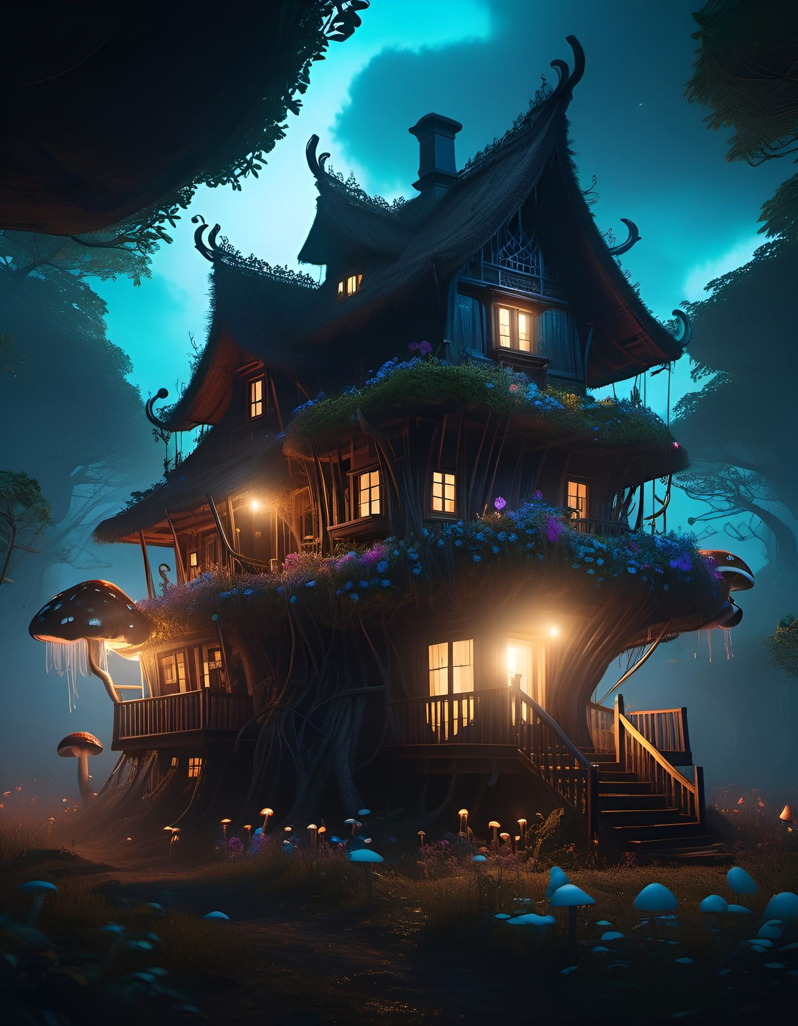 Bioluminescent Skull Cottage in Glowing Mist