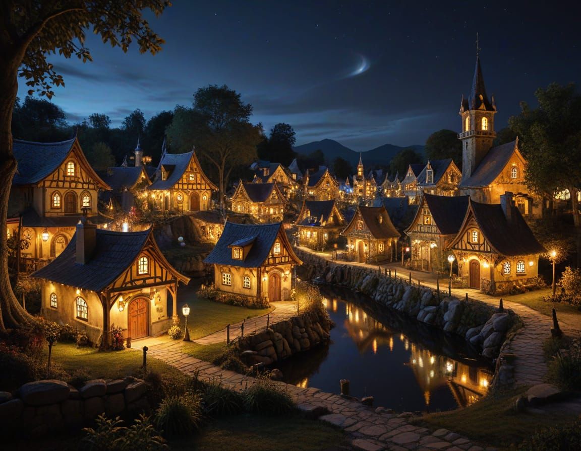 Whimsical Fairy Town Under Starlight