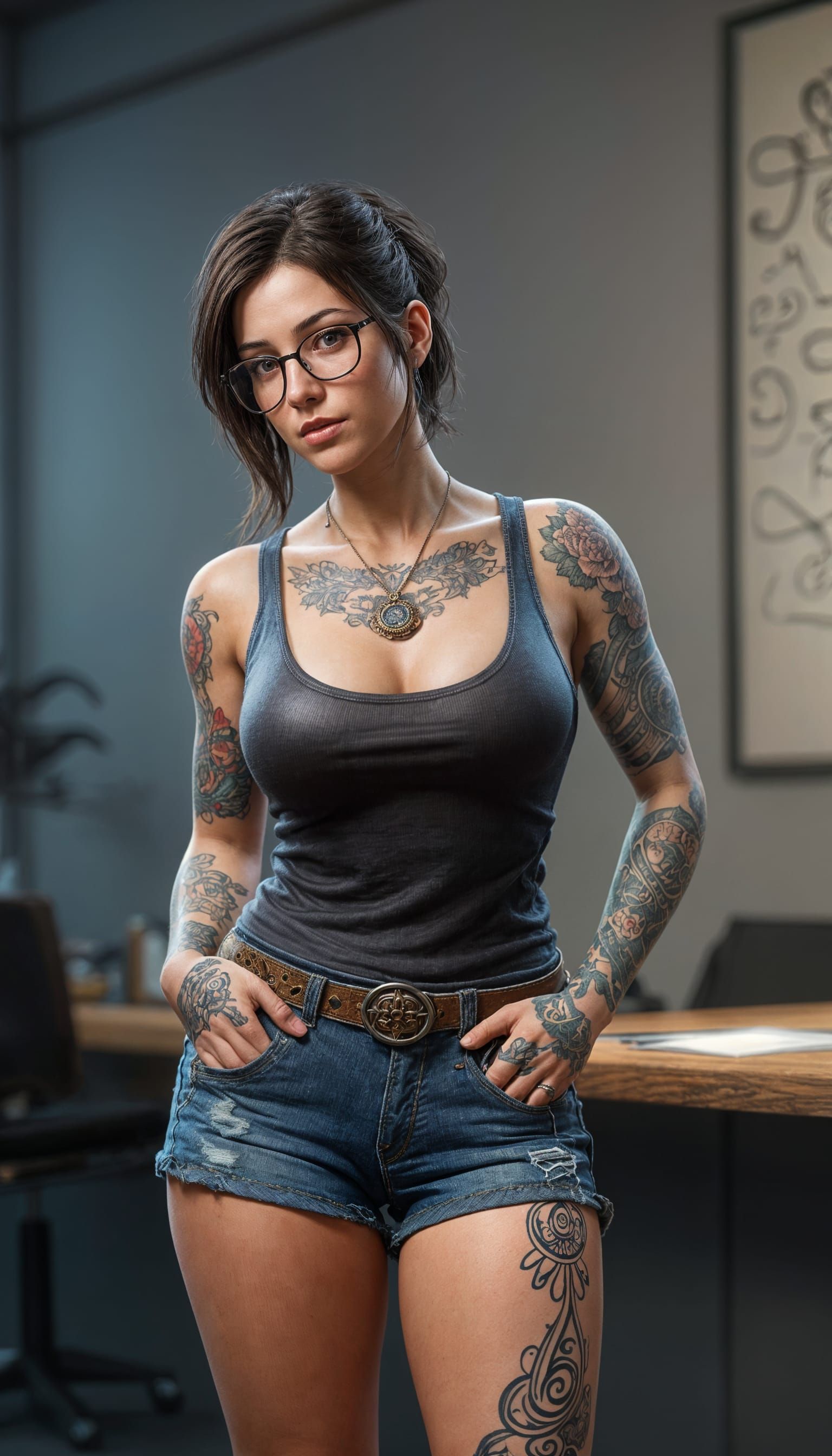 Hyperdetailed Portrait of Tattooed Brunette, Splash Art