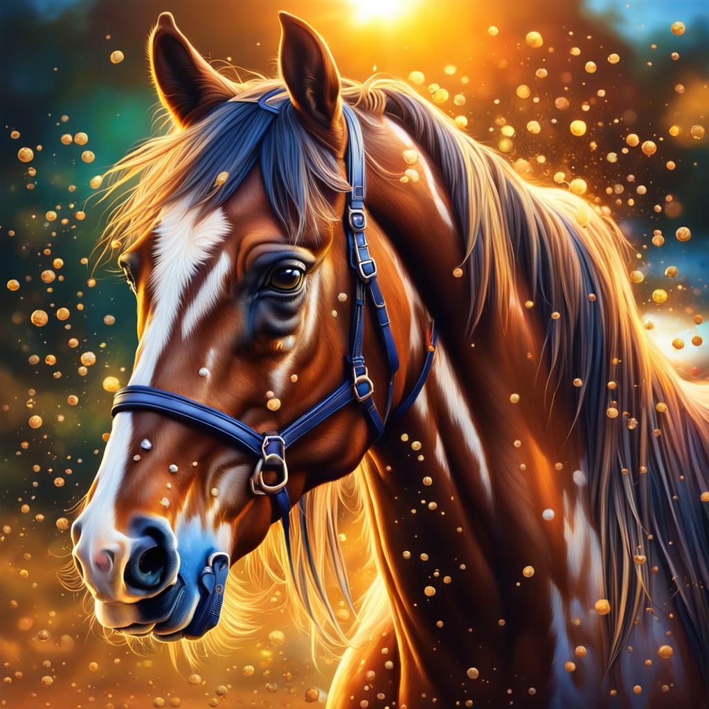 Hyperrealistic Horse with Sparkling Eyes in Golden Light