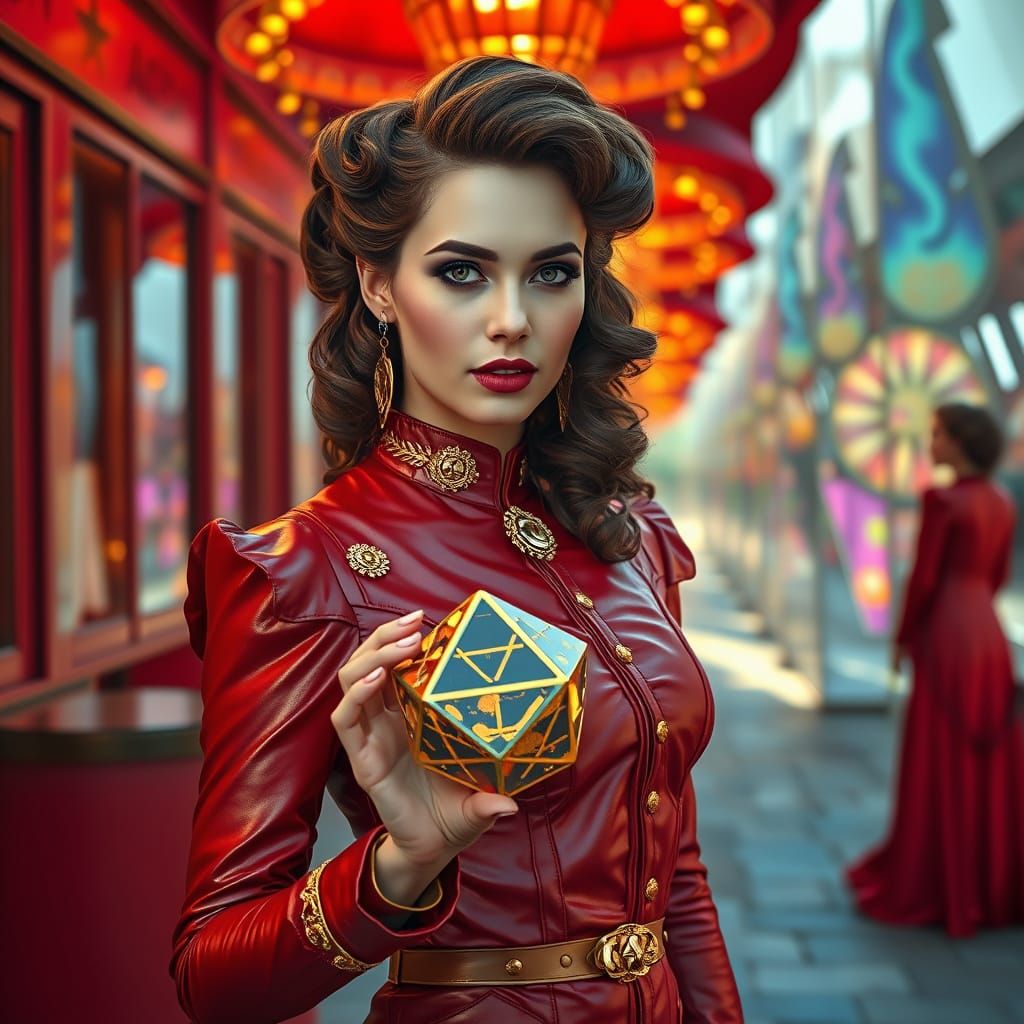 Victorian Woman in Red Leather Dress with Octahedron