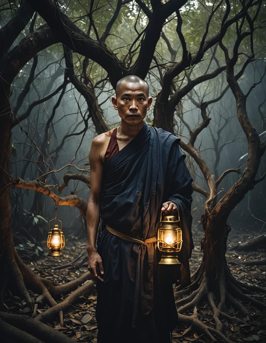 Eerie Buddhist Monk in Dark Fantasy Horror Style