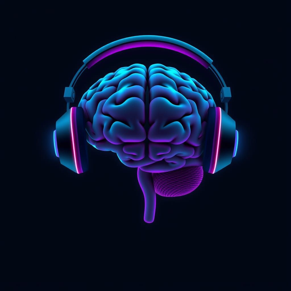 Sleek Brain with Headphones in Futuristic Style