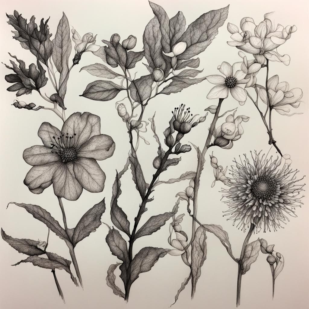 Detailed Botanical Ink Drawing of a Flower