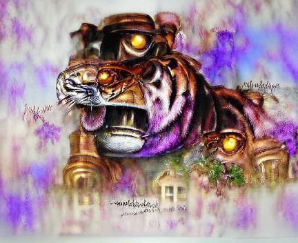 Purple Steampunk Tiger in Acrylics and Watercolor