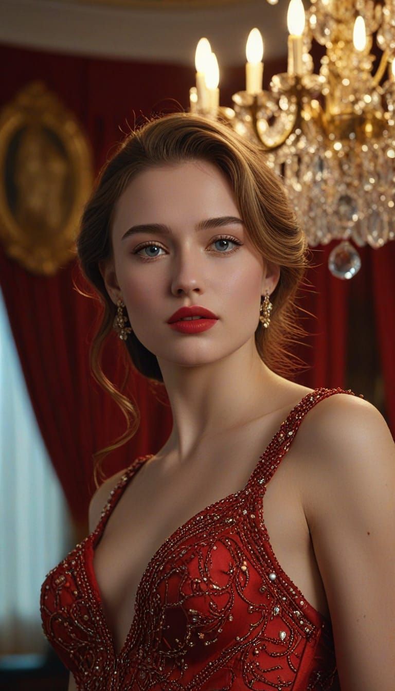 Elegant Woman in Red Gown, Hyper-Realistic Portrait
