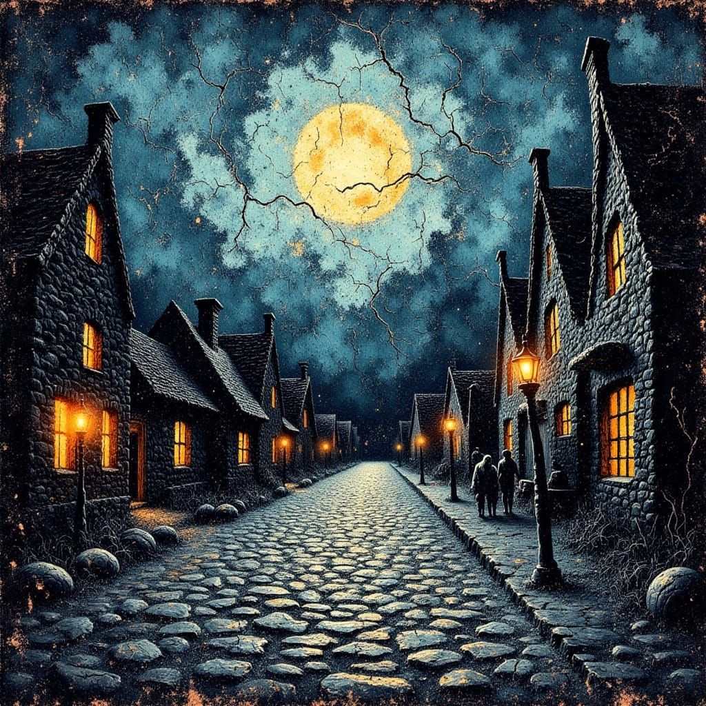 Horror Impasto Painting of Village Square at Dusk