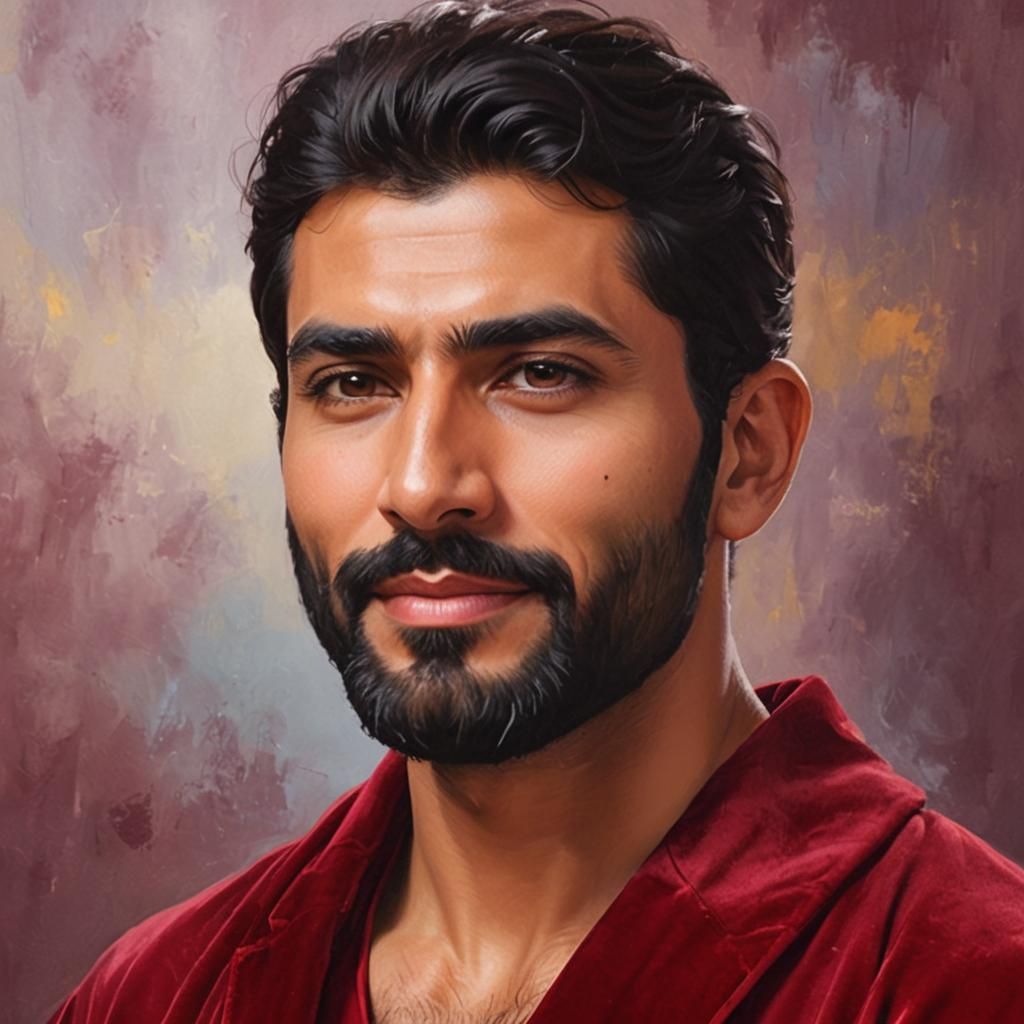Iranian Man in Red Velvet Bathrobe, Expressionist Painting
