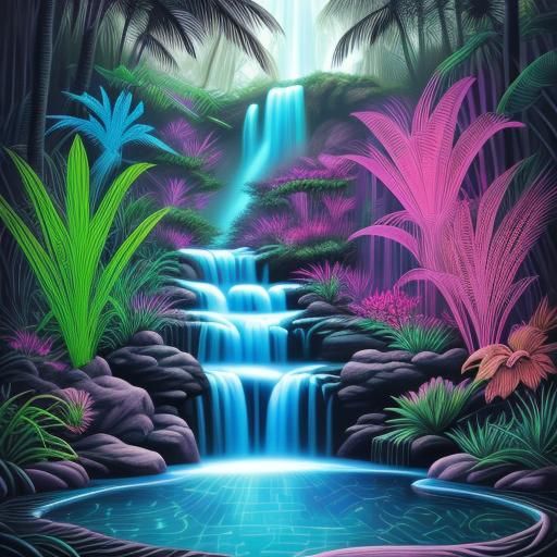 Art Deco Vaporwave Waterfall with Dragonflies
