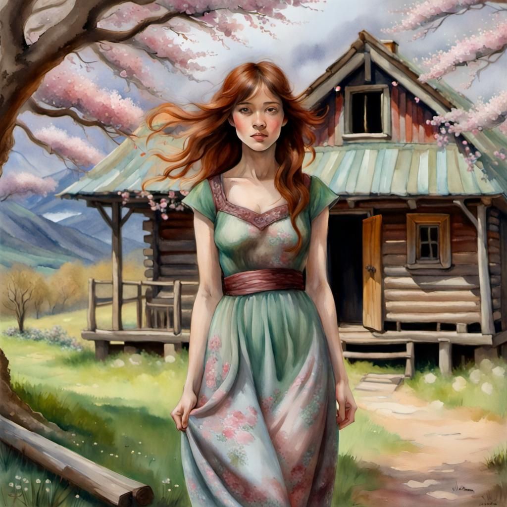 Woman by Cabin in Watercolour Style