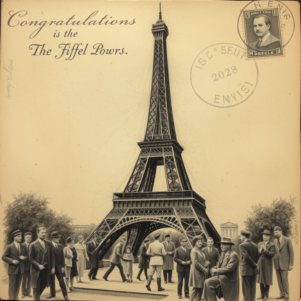 Vintage Artwork Celebrating Eiffel Tower's Grand Opening in....